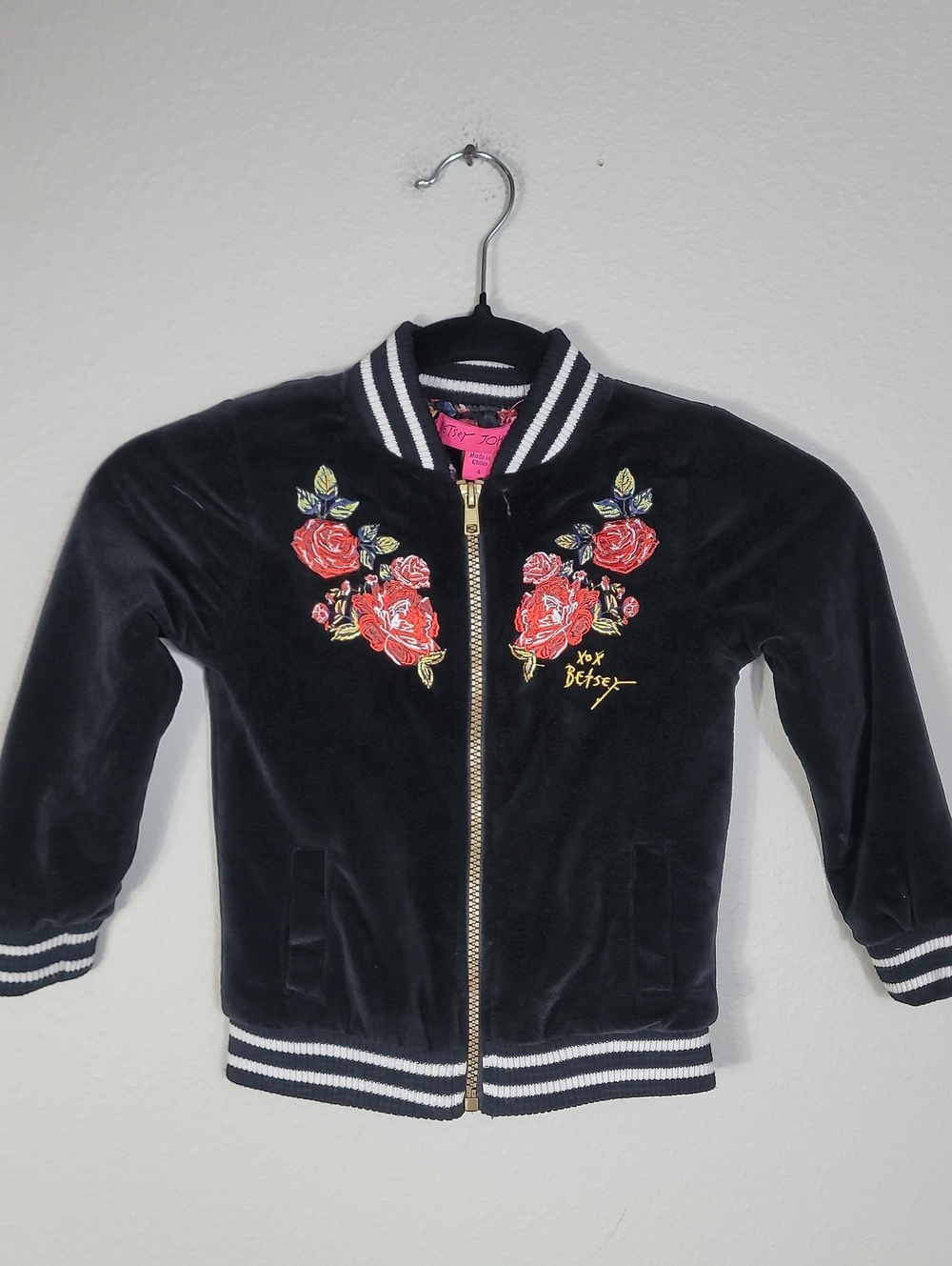 Betsey Johnson Girls Velour Floral Bomber Jacket Size 4